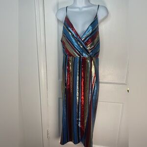 VICI Striped Multicolor Women's Sequin Wrap Midi Sleeveless Dress
